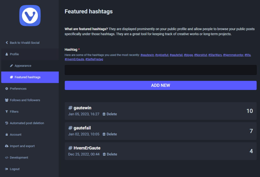 Mastodon - set featured hashtags