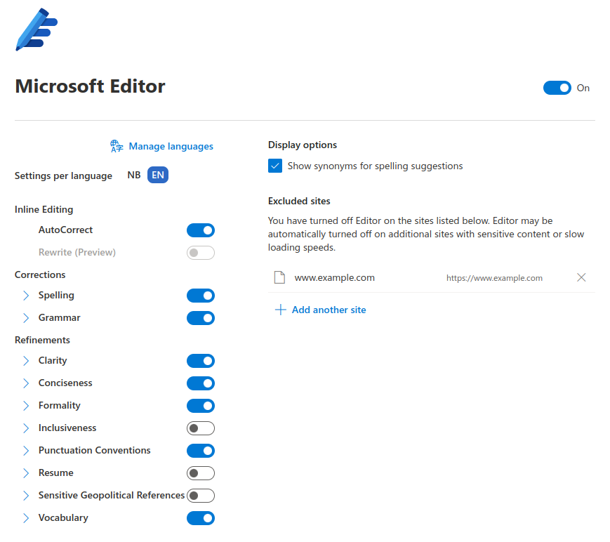 Microsoft Editor Settings