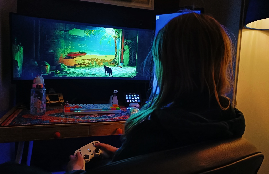 Daughter 1.0 playing the game "Stray" on the computer
